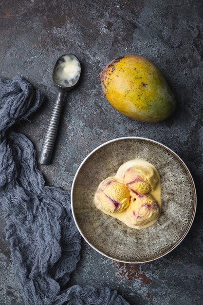 Gelato al mango fatto in casa in una ciotola con frutta fresca