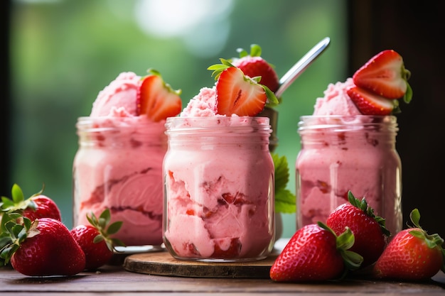 Gelato alla fragola fatto in casa in barattoli di vetro intatti