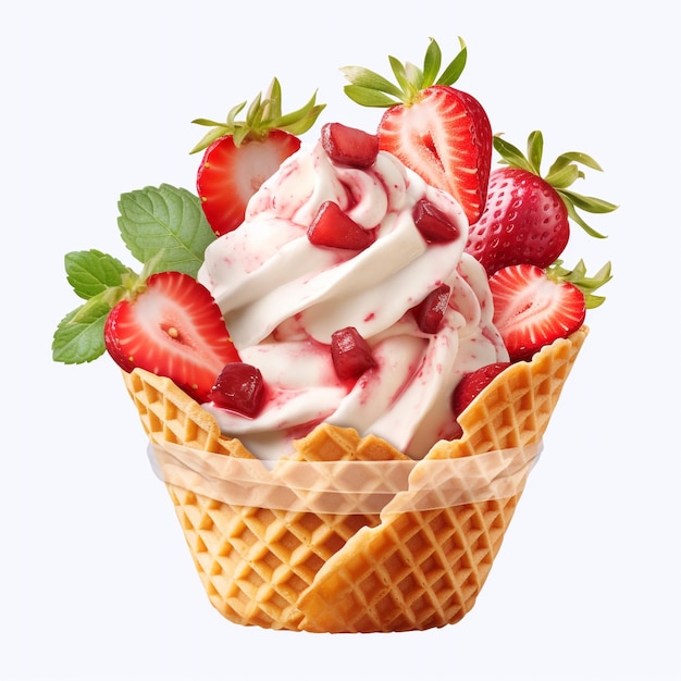 Gelato alla fragola in cestino di waffle isolato su trasparente con generazione Ai