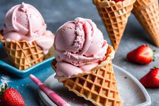 Gelato alla fragola in un waffle cone