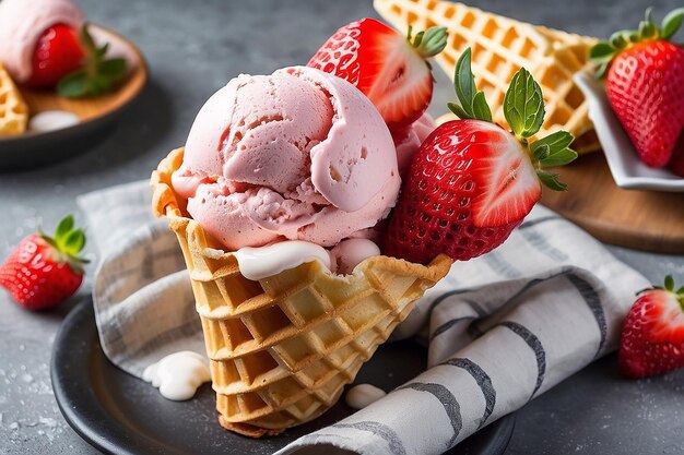 Gelato alla fragola in un waffle cone