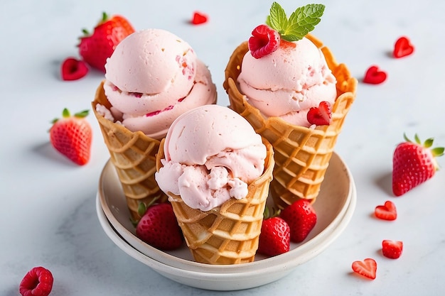 Gelato alla fragola in un waffle cone