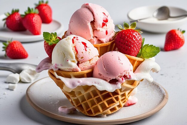 Gelato alla fragola in un waffle cone