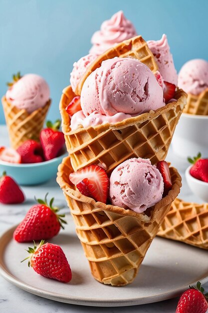 Gelato alla fragola in un waffle cone