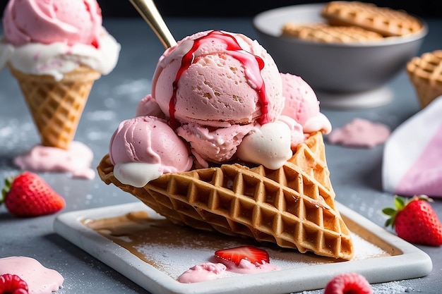 Gelato alla fragola in un waffle cone