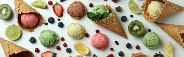 Gelato alla frutta e ingredienti su bianco