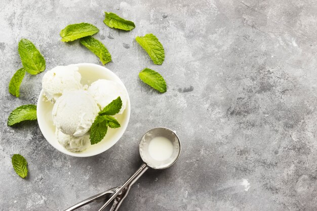 Gelato alla menta in ciotola su uno sfondo grigio