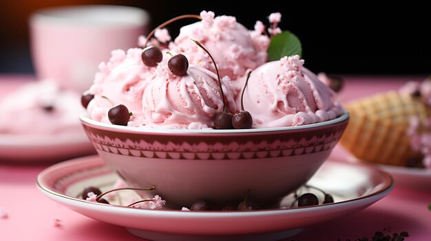 Gelato alla vaniglia con cioccolato in una ciotola rosa su sfondo rosa