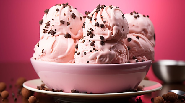 Gelato alla vaniglia con cioccolato in una ciotola rosa su sfondo rosa