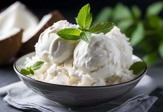 Gelato alla vaniglia con foglie di menta in una ciotola di focalizzazione selettiva