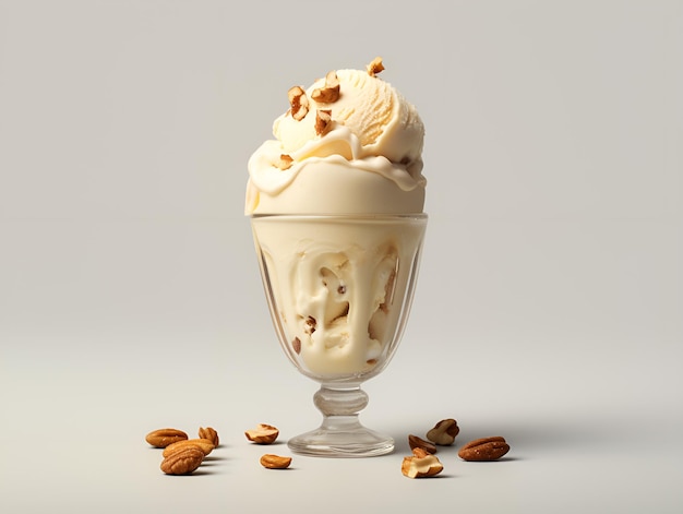 Gelato alla vaniglia con topping al caramello in una ciotola bianca su sfondo beige