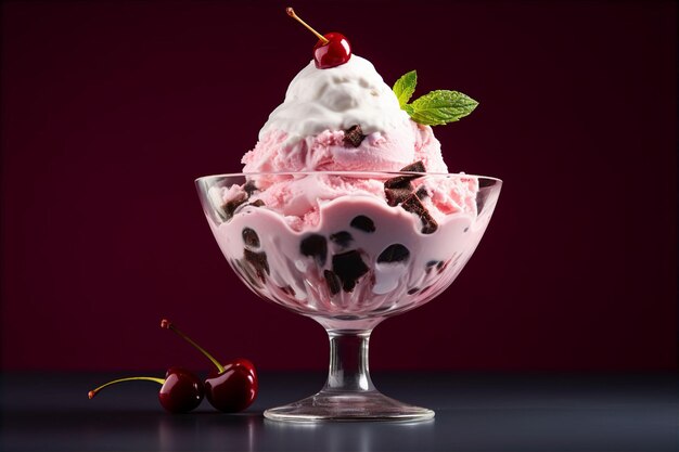 Gelato alla vaniglia in ciotola con ciliegia in cima seduto sul tavolo blu che sembra delizioso e rinfrescante