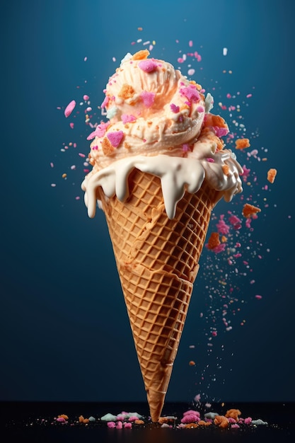 gelato alla vaniglia in cono con ingredienti volanti nell'aria su uno sfondo pastello