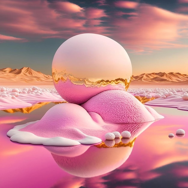 gelato araffe su una superficie rosa con una montagna sullo sfondo ai generativo