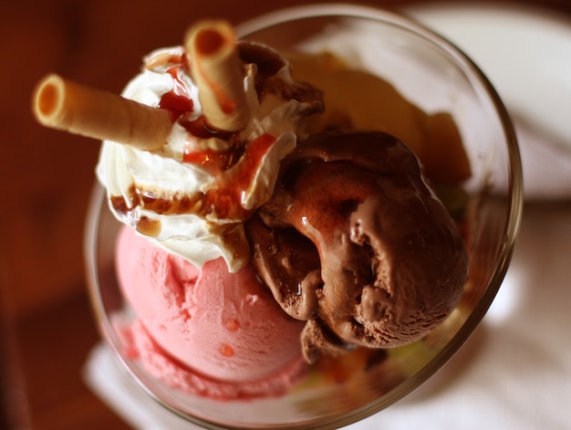 Gelato, cibo gourmet, caffè, primo piano