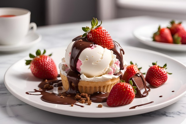 Gelato con fragole e cioccolato su un piatto bianco