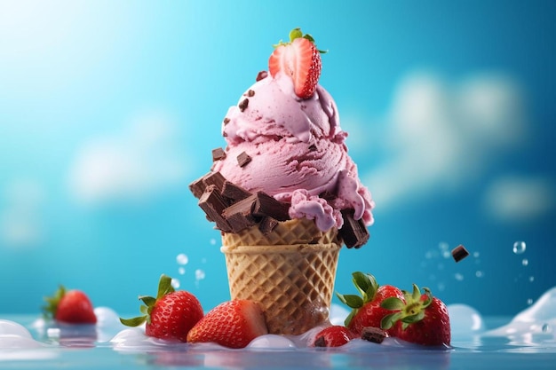 gelato con fragole e gelato su sfondo blu.