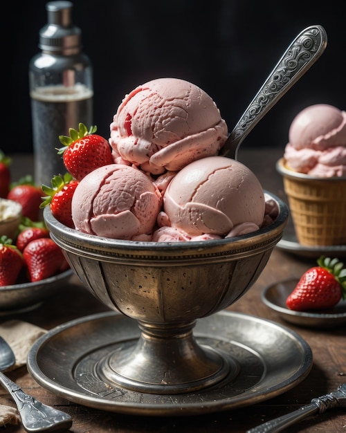 Gelato con fragole in un piatto