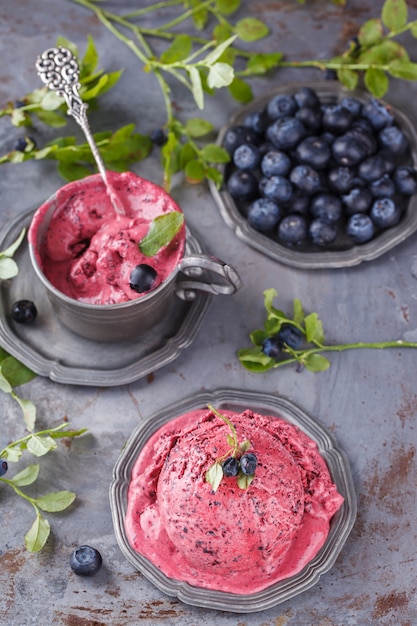 Gelato con i mirtilli negli articoli d'annata del metallo