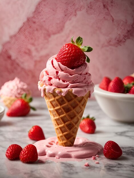 gelato con il cono di waffle su uno sfondo di marmo