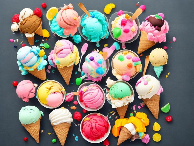 Gelato con una varietà di condimenti colorati e allettanti ai generati