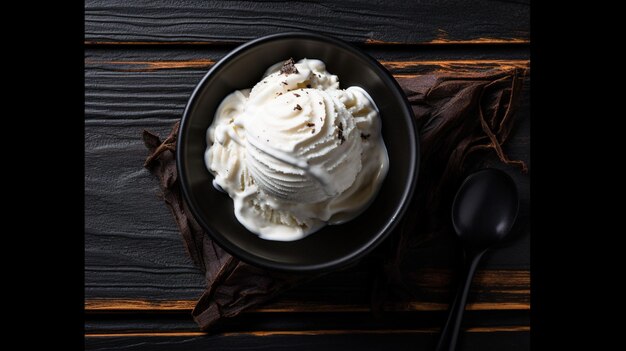 Gelato cremoso su uno spazio di copia di sfondo di legno nero.