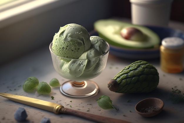 Gelato di avocado vegano in tazza al chiuso Rinfrescante dessert vegetariano freddo Illustrazione di cibo creata da Generative AI