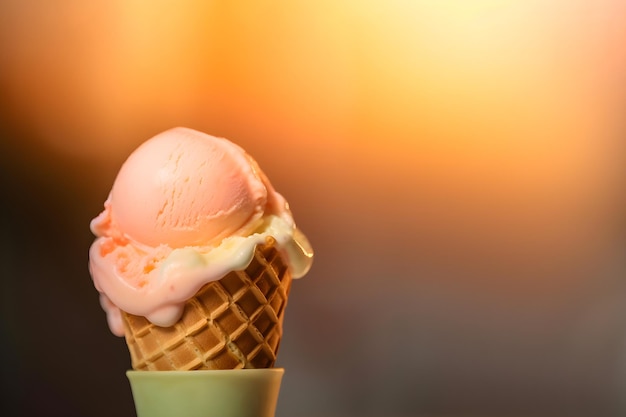 Gelato di colore rosa in un cono di cialda su uno sfondo luminoso