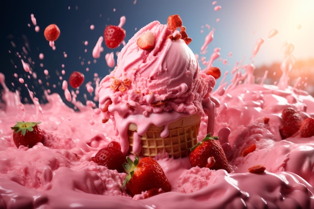 gelato di fragole con spruzzo di fragole e glassa