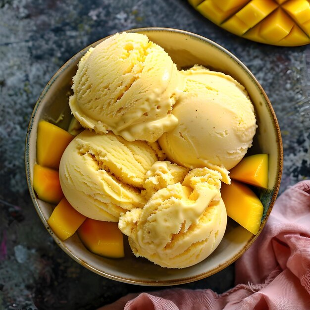 Gelato di mango in una ciotola con fette di mango