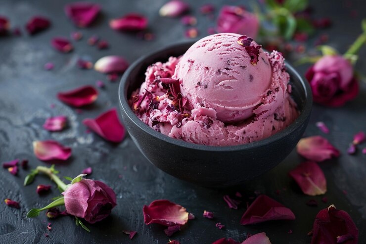Gelato fatto con petali di rosa sapore di rosa su uno sfondo scuro petali di rose e fiori sullo sfondo