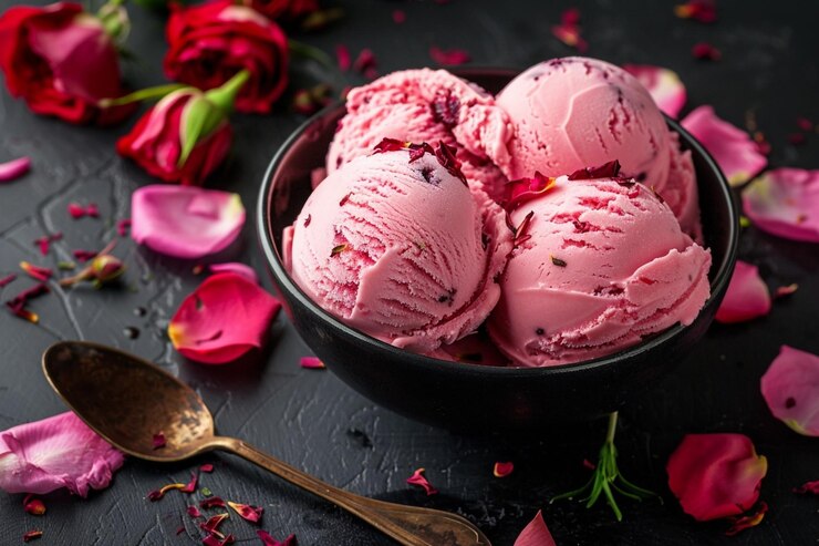 Gelato fatto con petali di rosa sapore di rosa su uno sfondo scuro petali di rose e fiori sullo sfondo