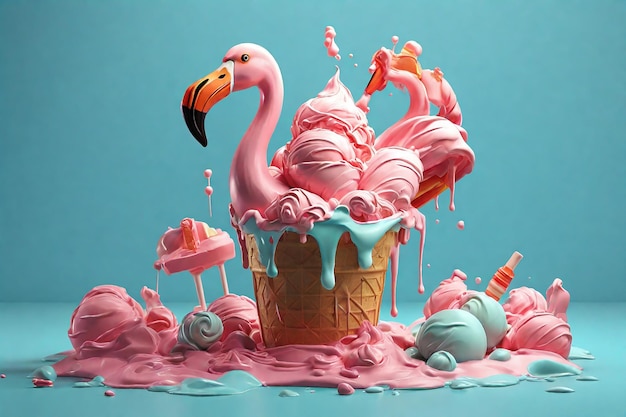 Gelato Flamingo con sfondo rosa e blu rendering 3D