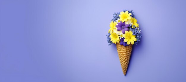 Gelato in cono di waffle con fiori di lavanda Minimal concept creativo estivo primaverile