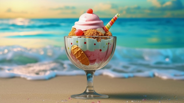 Gelato in un calice di vetro sulla spiaggia