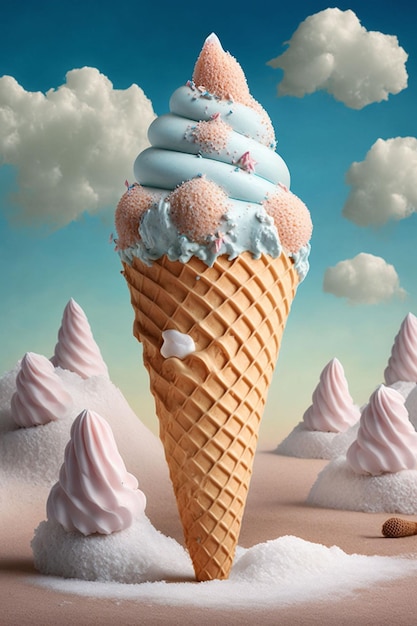Gelato in un cono di cialda con un cono gelato blu e rosa sullo sfondo.