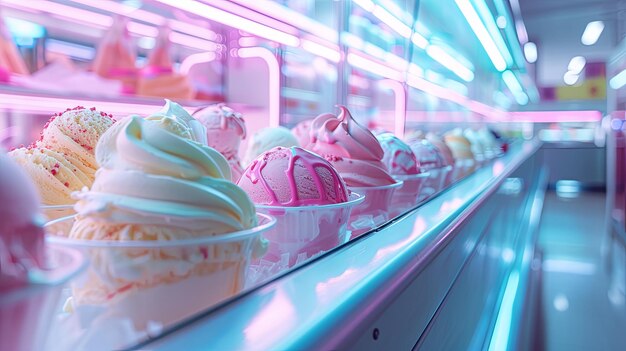 Gelato in vetrina del supermercato, caffetteria, design dello sfondo del banner