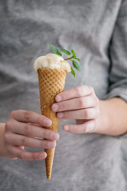 Gelato in waffle cane nelle mani del ragazzo