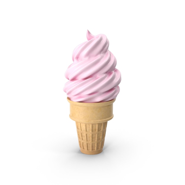 Gelato rosa a fragola morbida con cono di wafer su uno sfondo bianco