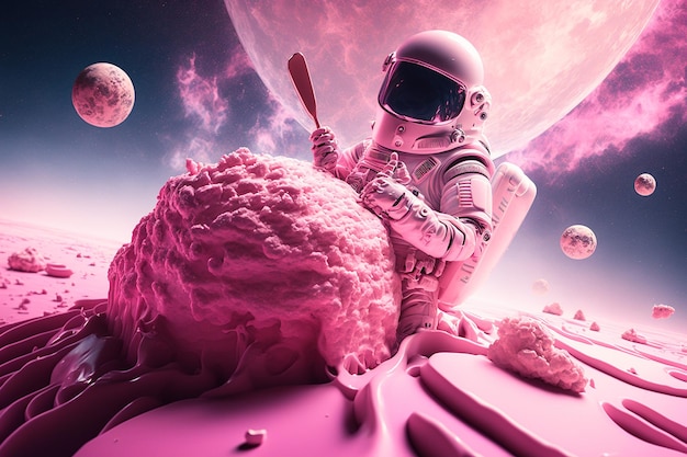 Gelato rosa che mangia carta da parati astronauta ai arte generata