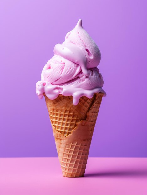 Gelato rosa con glassa rosa in un cono di cialda su sfondo viola