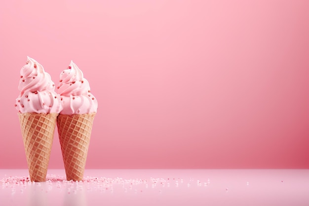 Gelato rosa nel cono di cialda su sfondo rosa con spazio per la copia