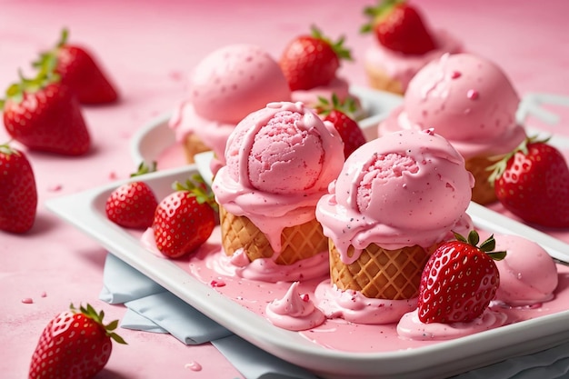 Gelato rosa su bastoncini e fette di fragole