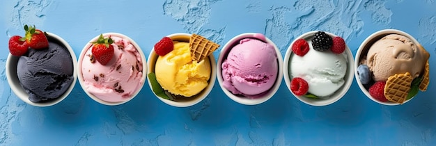 Gelato Set di ciotole con varie palline di gelato colorate con gusti diversi e ingredienti freschi su sfondo blu Ai generativo