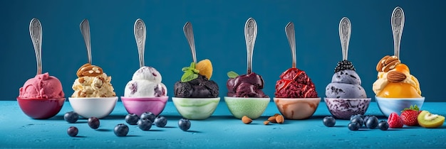 Gelato Set di palline di gelato di diversi colori e sapori con frutti di bosco noci e decorazione di frutta su sfondo blu Ai generativo