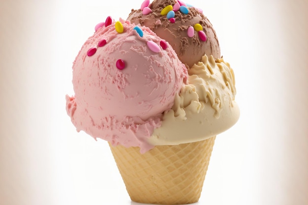 Gelato soft o crema pasticcera congelata in un cono con aromi di fragola vaniglia e cioccolato isolati su sfondo bianco