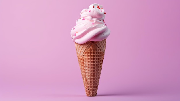 Gelato Vaniglia al cioccolato e fragola Gelato nel cono su sfondo rosa Generativo Ai