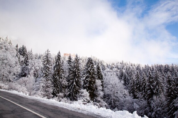 Gelida giornata di sole in previsione vicino alla città di Chamonix nelle Alpi francesi, Francia