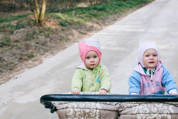 Gemelli divertenti bambino nel passeggino doppio all'aperto in forestx9