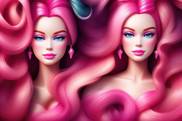 Gemelli in un regno rosa sfondo rosa barbie girl illustration generative ai